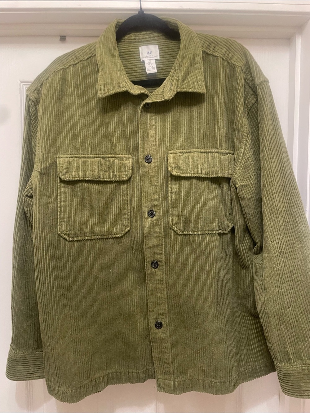 H&M Olive Corduroy Shirt Jacket button up relaxed fit size L 90s style layering